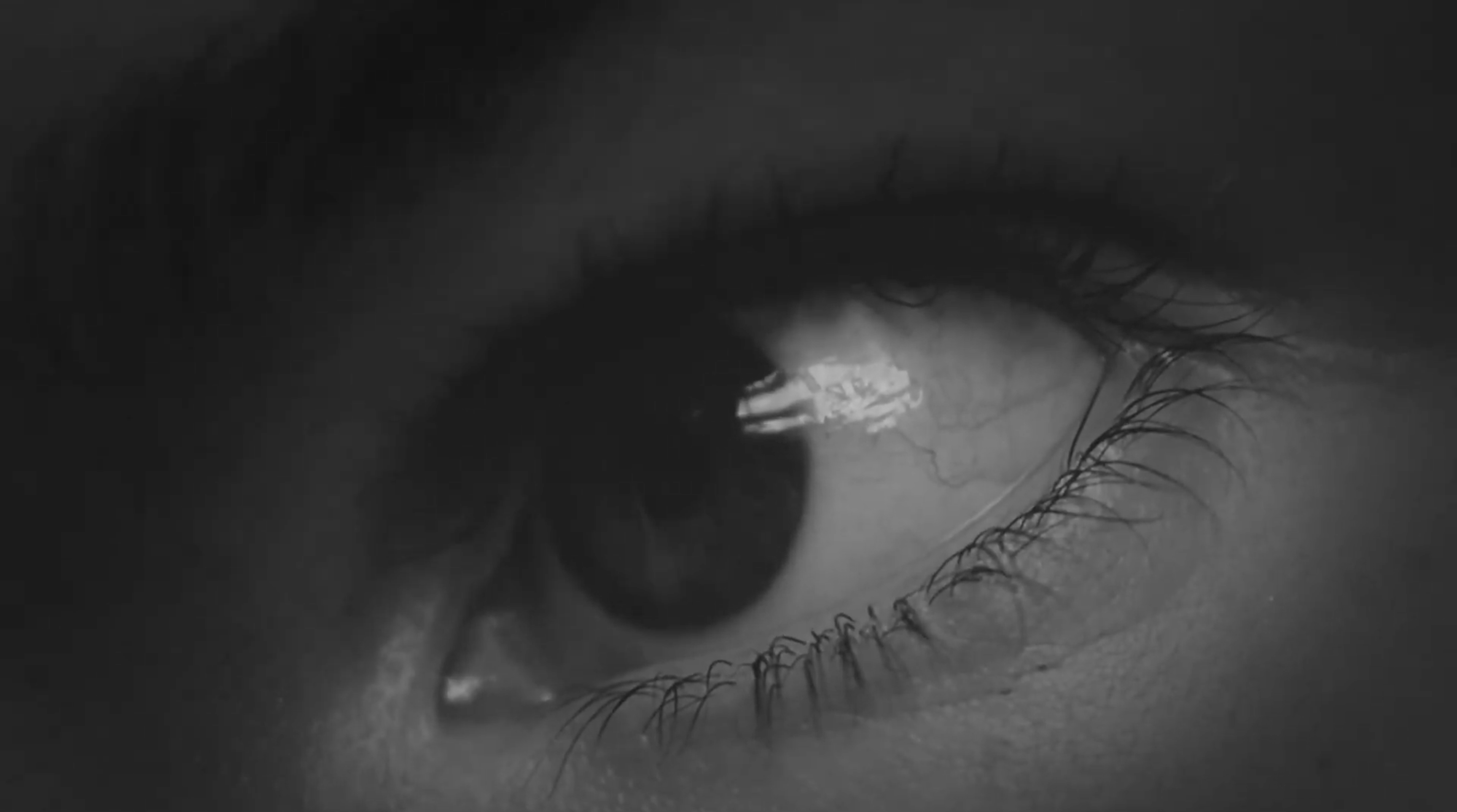 Black and white extreme close up of an eye looking to the left.